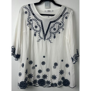 Solitaire by Ravi Khosla Size S Embroidered Boho Tunic Shirt -White Navy A46